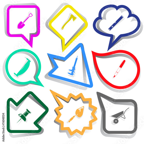 spade, axe, spirit level, two-handled saw, caliper, ink pen, pus