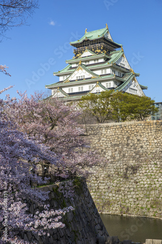 Osaka Castle in Japan during cherry blossom season in spring.