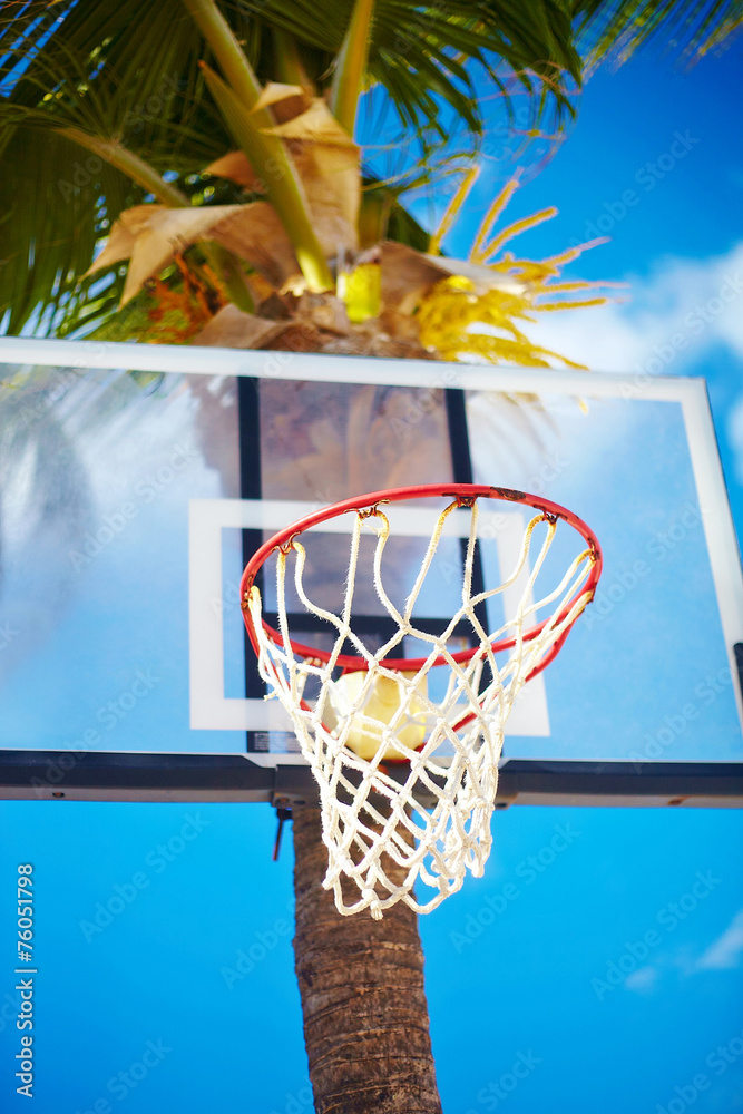 Basketball board ring on blue sky green tree  background