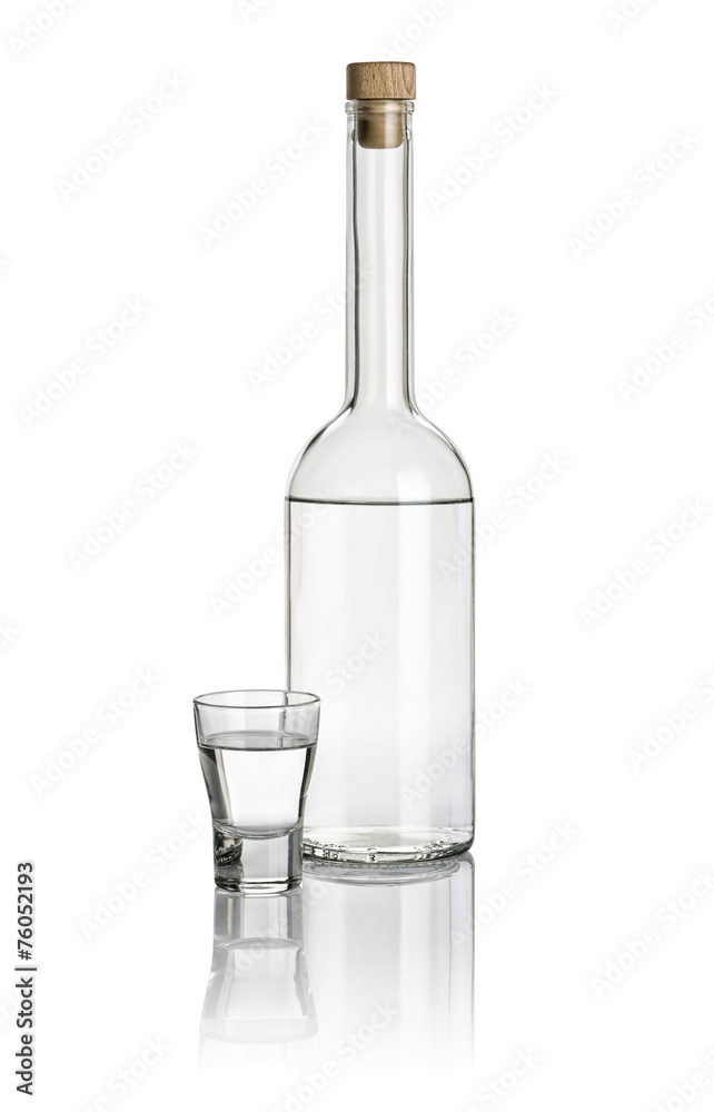 Spirituosenflasche und Shotglas gefüllt mit klarer Flüssigkeit Spirituosenflasche und Shotglas gefüllt mit klarer Flüssigkeit