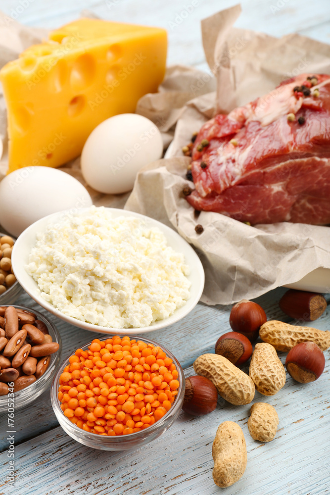 Food high in protein on table, close-up Food high in protein on table, close-up