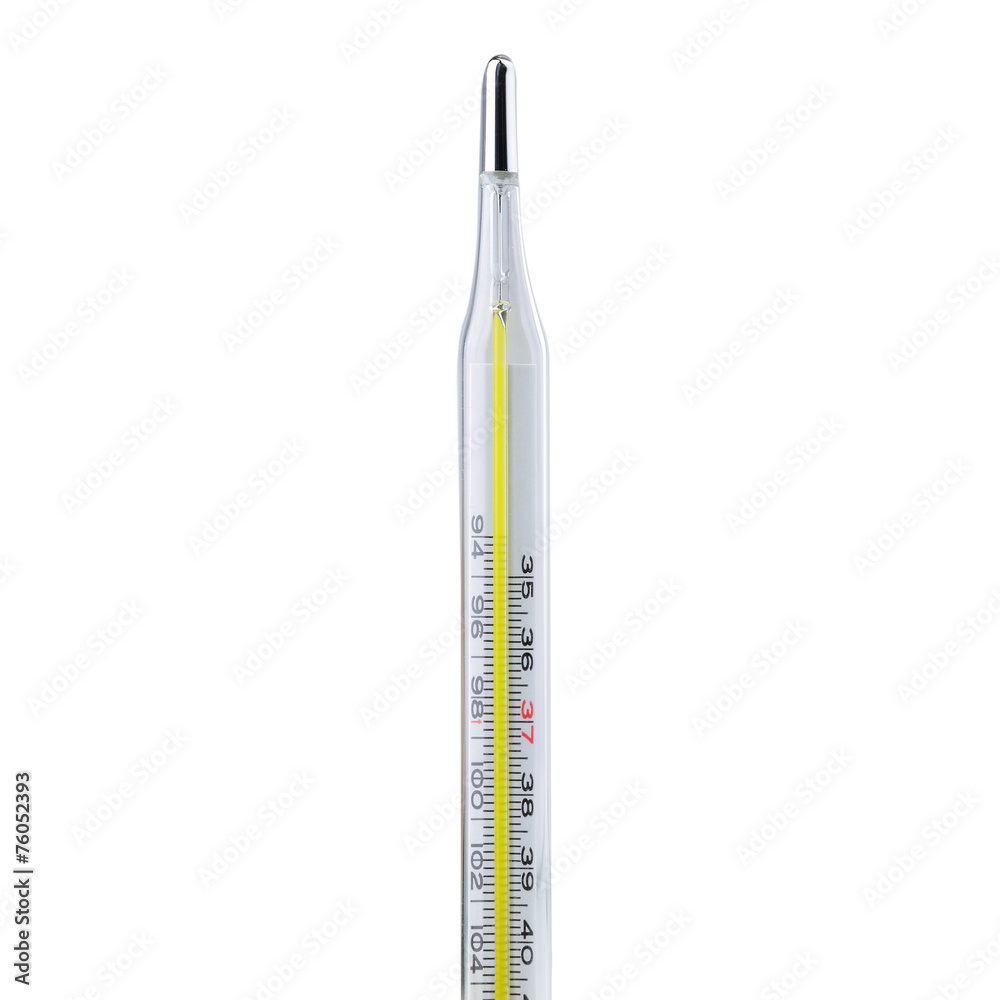 Close up of glass tube and mercury thermometers on white backgro