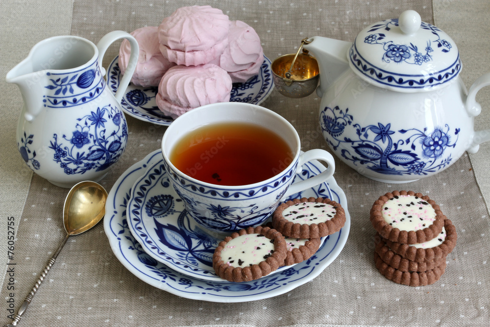 Tea break with white-blue porcelain. Tea break with white-blue porcelain.
