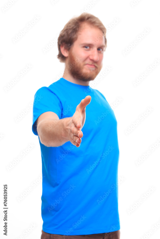 Cheerful man gives hand to handshake Cheerful man gives hand to handshake