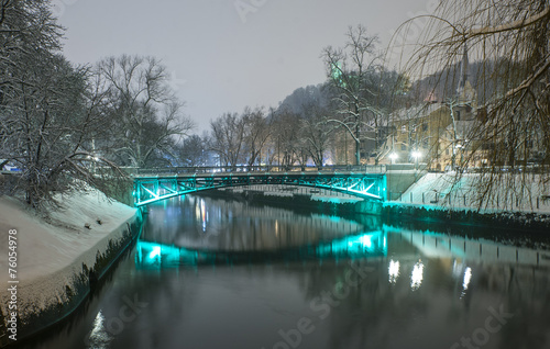 Ljubljanica river in snow, Ljubljana, Slovenia © Matic Štojs Lomovšek
