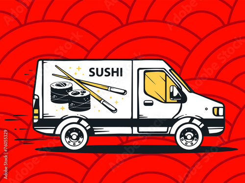 Vector illustration of van free and fast delivering sushi to cus