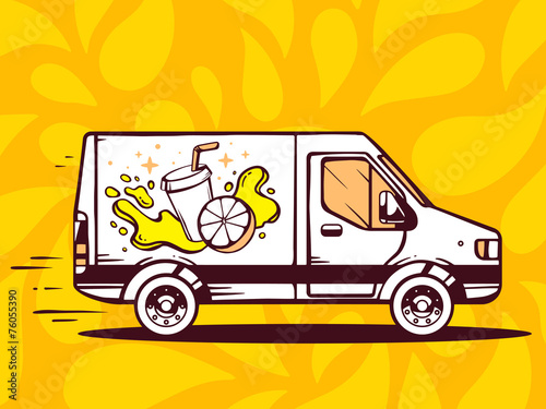Vector illustration of van free and fast delivering fresh fruit
