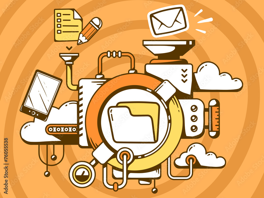 Naklejka premium Vector illustration of mechanism with folder and office icons on