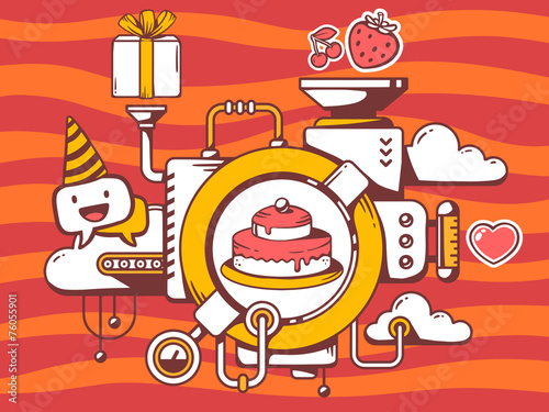 Vector illustration of mechanism to cook cake and relevant icons