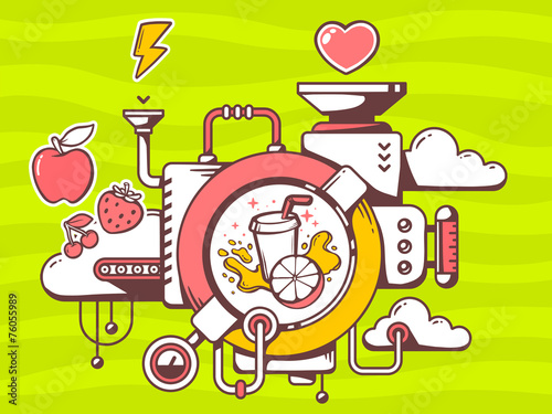 Vector illustration of mechanism to make fresh fruit juice and r