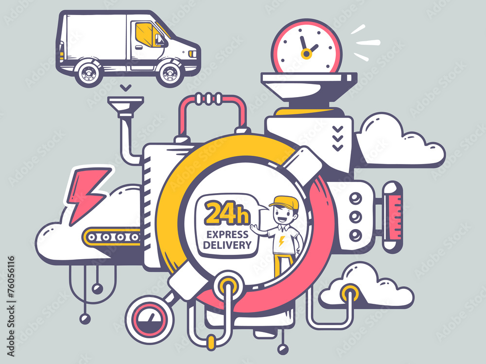 Obraz premium Vector illustration of mechanism 24 hours express delivery and r