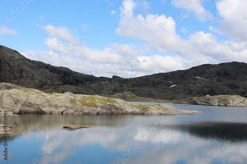 Mountains lake and blue sky with some clouds.