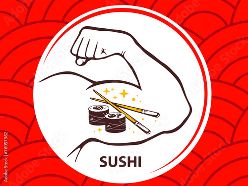Vector illustration of strong man hand with  icon of sushi on re