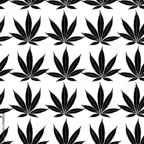 Seamless marijuana black leaves on white background pattern.