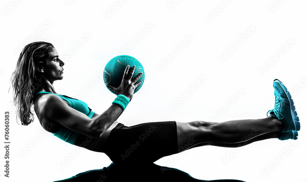 woman fitness Medicine Ball exercises silhouette - obrazy, fototapety, plakaty 