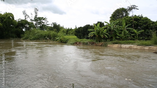 Raging River Floodwater Under a Bridge .