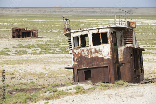 Remains of fishing boats at the sea bed of Aral sea, Kazakhstan