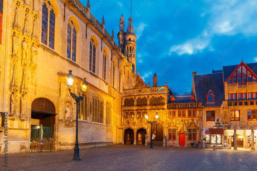 Cityscape with the picturesque Christmas Burg Square in Bruges