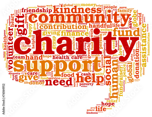 Word cloud containing words related to charity, assistance