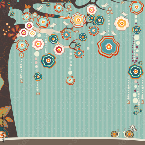 Abstract tree with flowers and birds. Vector illustration