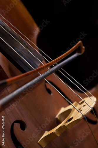 Bow on the strings bass closeup