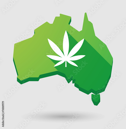 Green Australia map shape icon with a maarijuana leaf