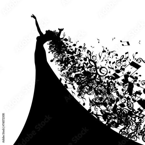 Silhouette of Opera Singer with Long Hair Like Musical Notes photo