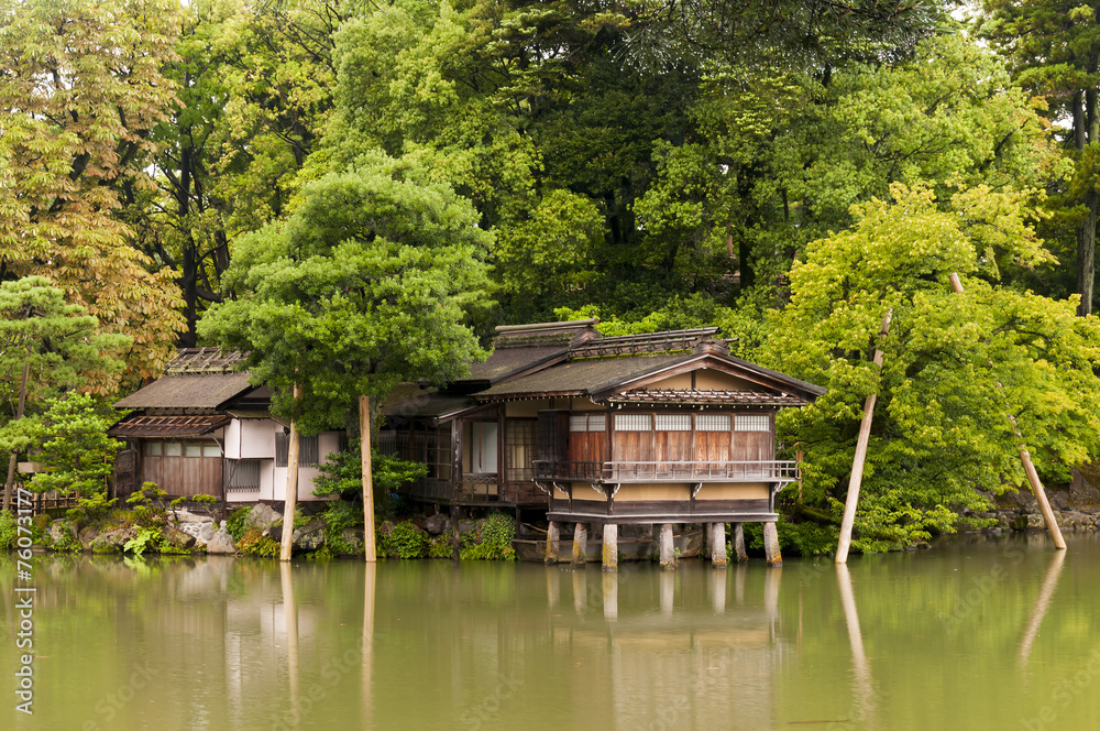Traditional japanese house on the water columns Traditional japanese house on the water columns