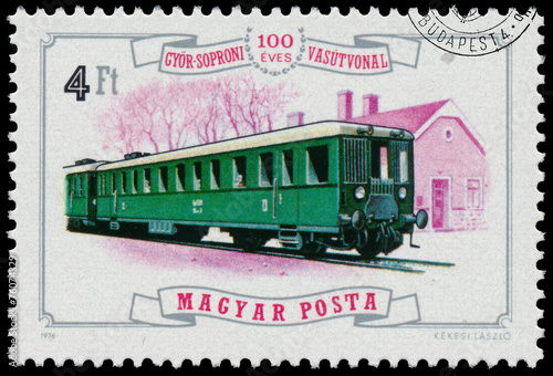 Stamp printed in Hungary shows locomotive