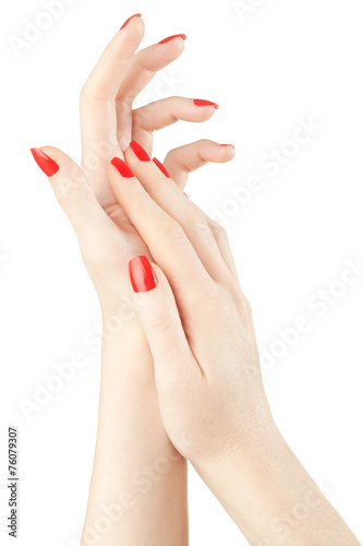 Hands with red nail manicure on white  clipping path