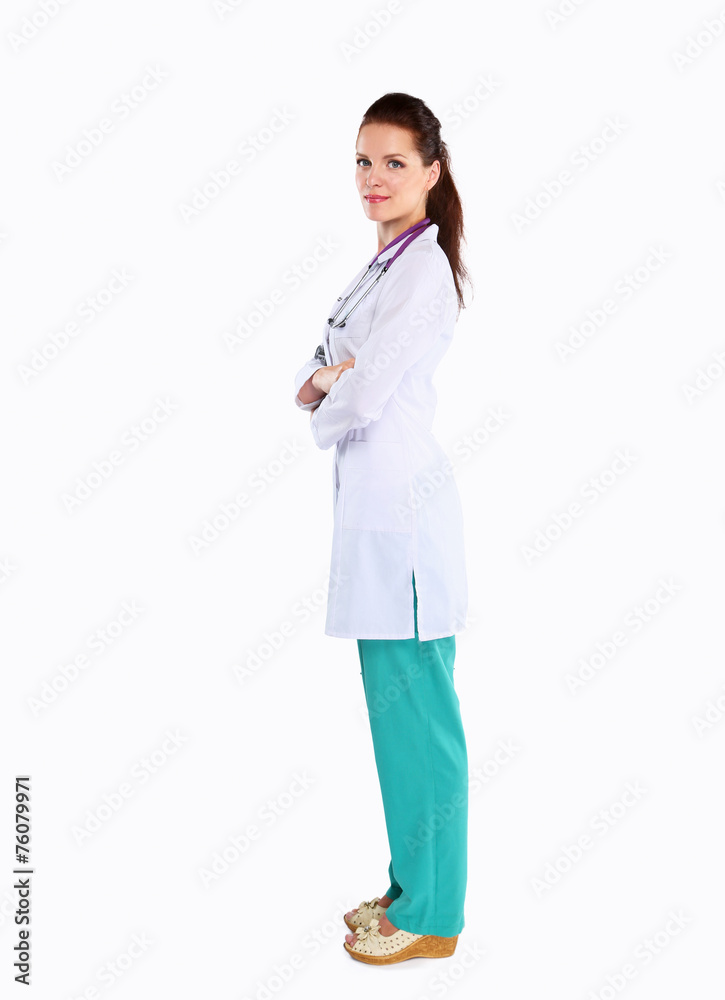 Portrait of young woman doctor with white coat standing in Portrait of young woman doctor with white coat standing in