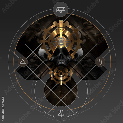 Fotografie Horror occult witchcraft pentacle with skulls and signs.