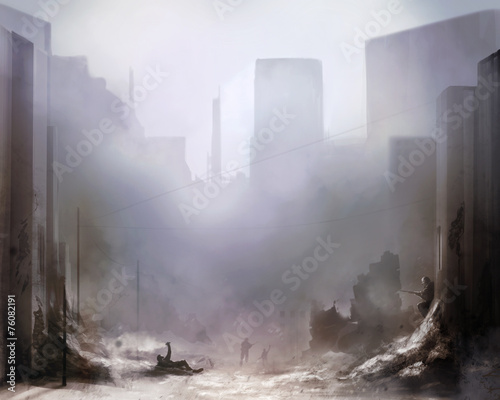 Daylight ruined city scene battlefield art background with soldiers. photo