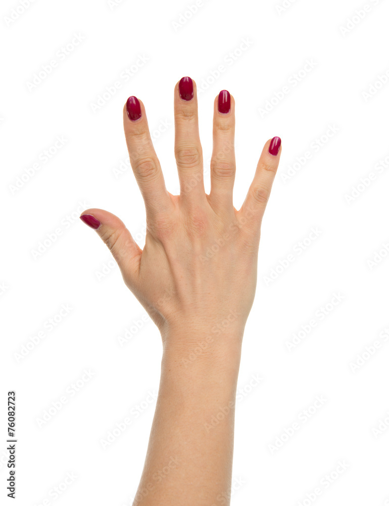 Red manicured female open hand gesture number five fingers up Red manicured female open hand gesture number five fingers up