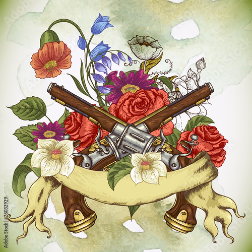 Vintage card with a gun and flowers