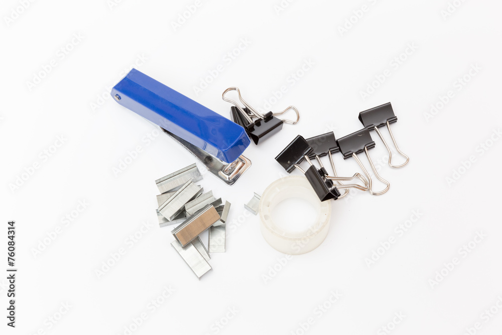 Blue stapler and various stationery top view