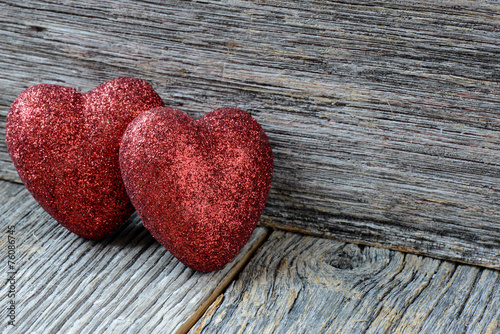 Red Valentine s Hearts on Rustic Wood Background