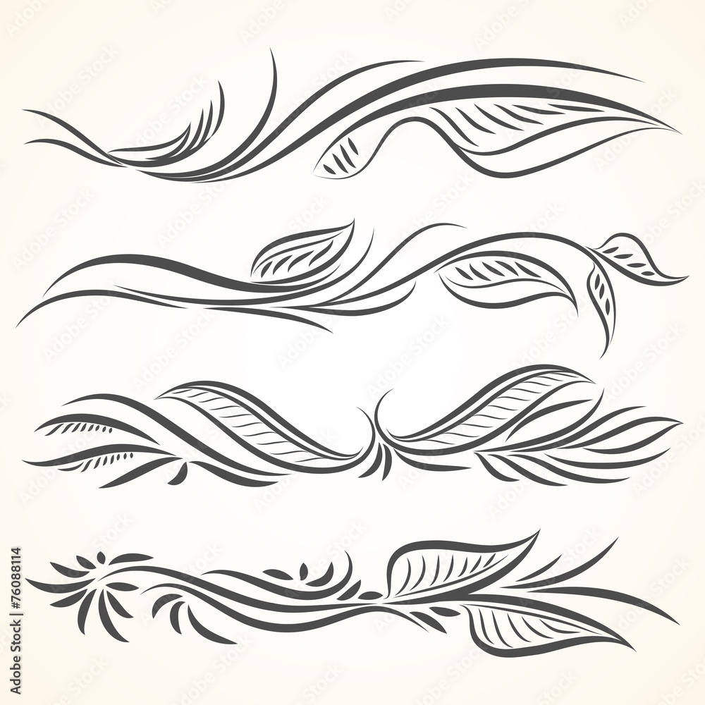 Fototapeta premium Filigree set of leaves calligraphic elements for design.