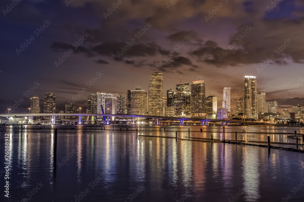 Miami city skyline at dusk with urban skyscrapers , Florida