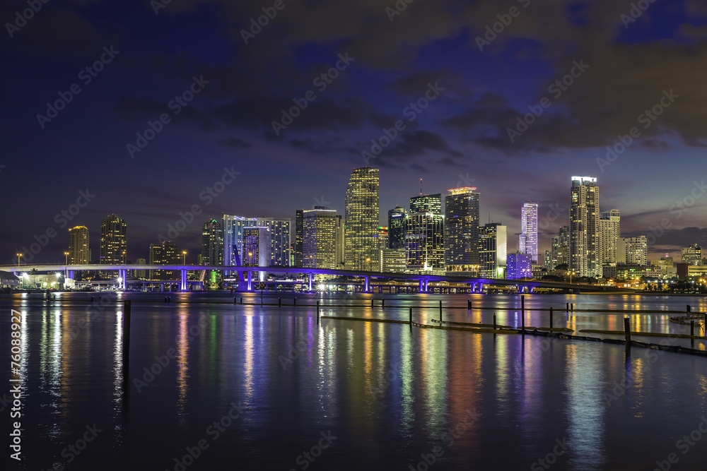 Miami city skyline at dusk with urban skyscrapers , Florida