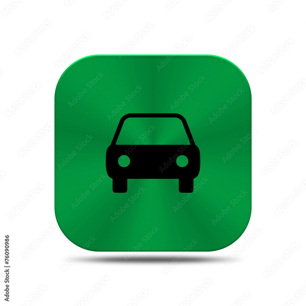 Green metal button with car icon Green metal button with car icon