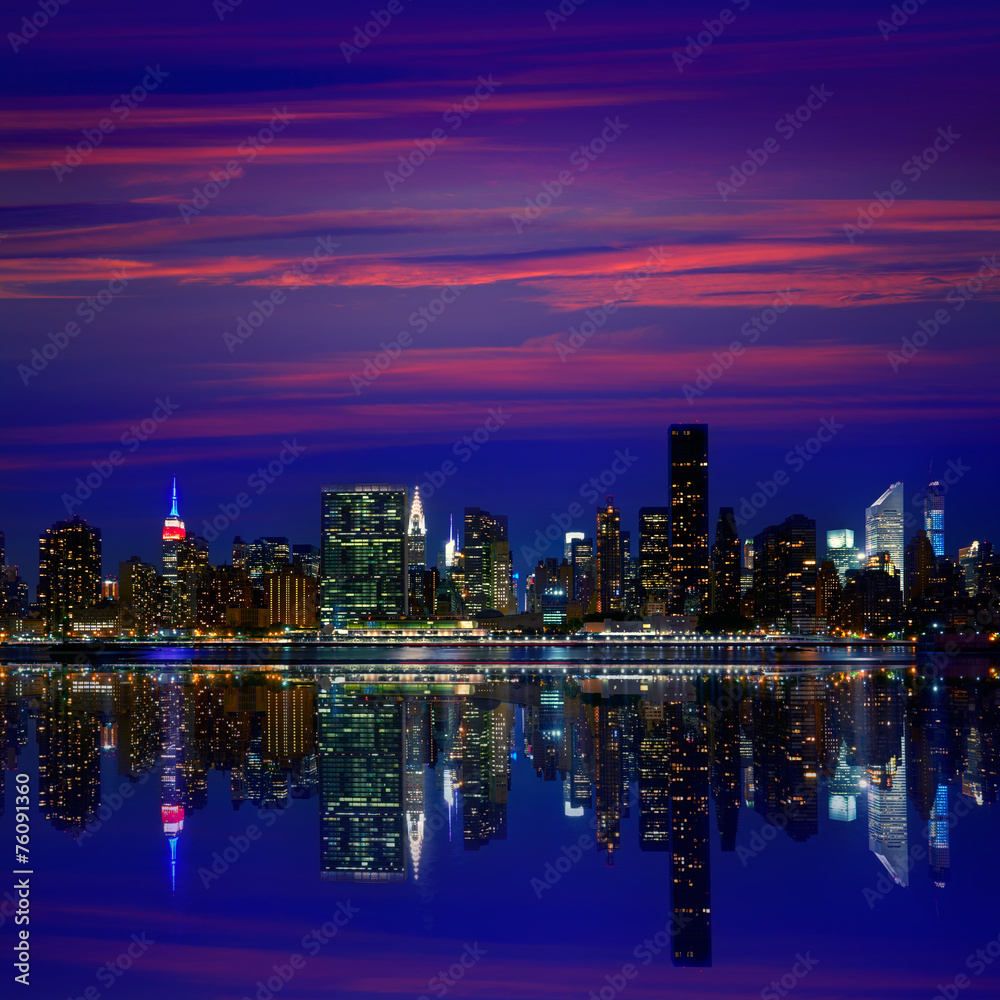 Manhattan New York sunset skyline from East