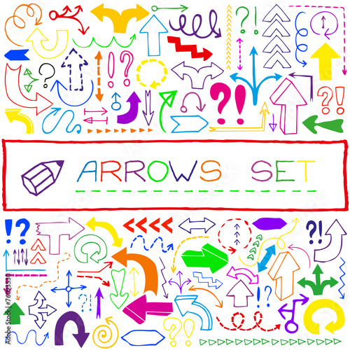 Hand drawn colorful arrow icons with question and exclamation ma
