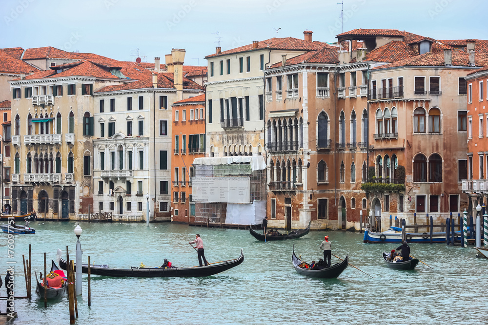 Water canal with gondolas in Venice