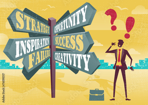 Businessman at Career Sign Post Dilemma.