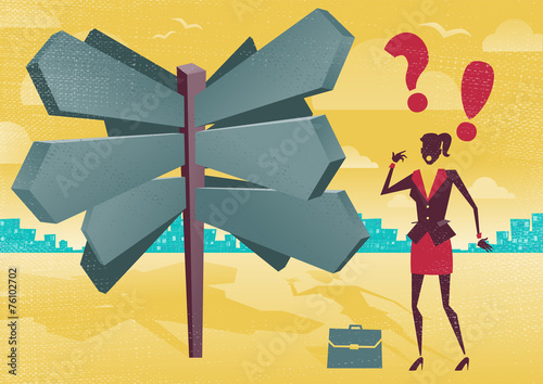 Businesswoman at a Blank Sign Post Dilemma.