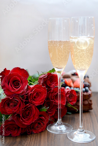Champagne Glasses and Bunch of Flowers