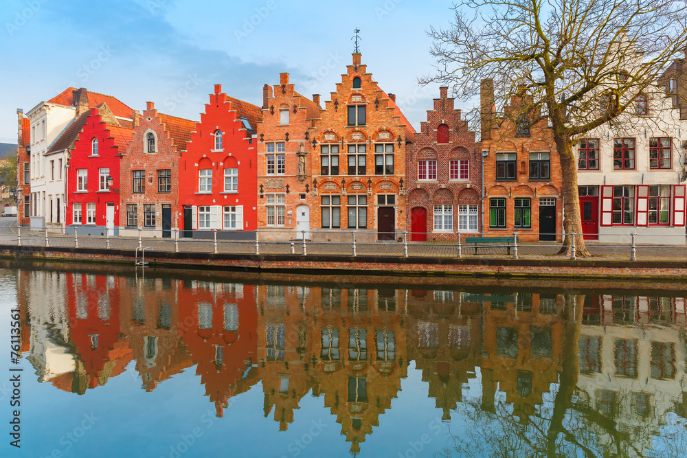 Scenic city view of Bruges canal with beautiful houses Scenic city view of Bruges canal with beautiful houses
