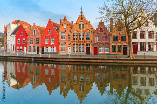 Scenic city view of Bruges canal with beautiful houses