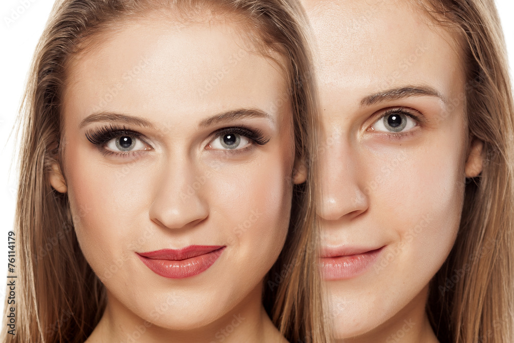 Comparison portrait of a woman without and with makeup Comparison portrait of a woman without and with makeup